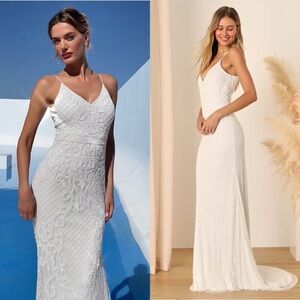 LULUS Floral Beaded Sleeveless V-Neck Mermaid Skirt Wedding Gown With Train M